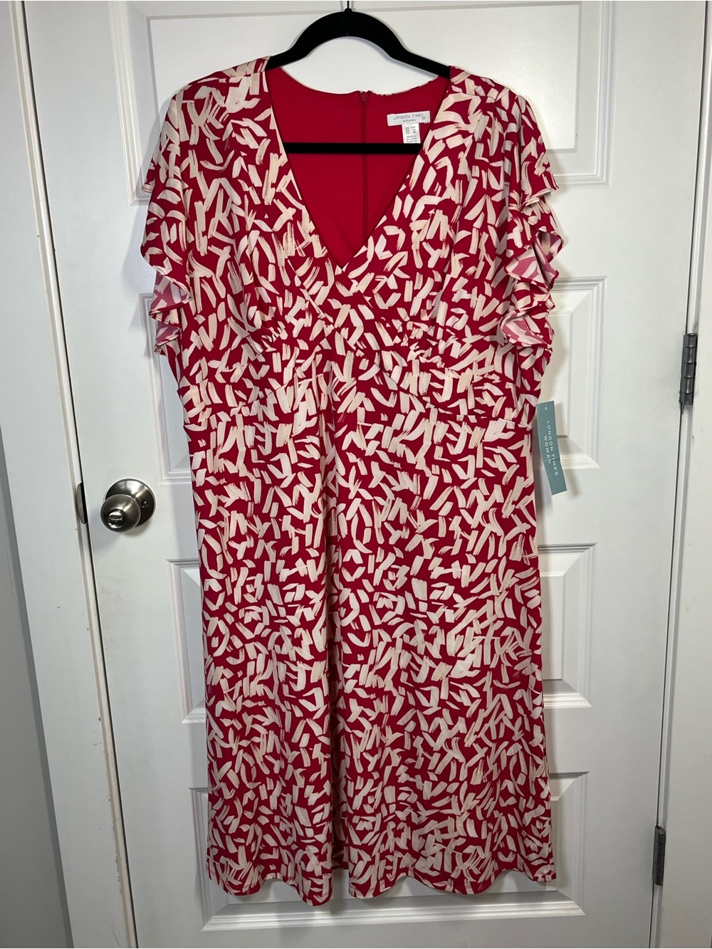 London Times 18W NWT Fuchsia Pink Abstract Ruffle Sleeve Midi Dress